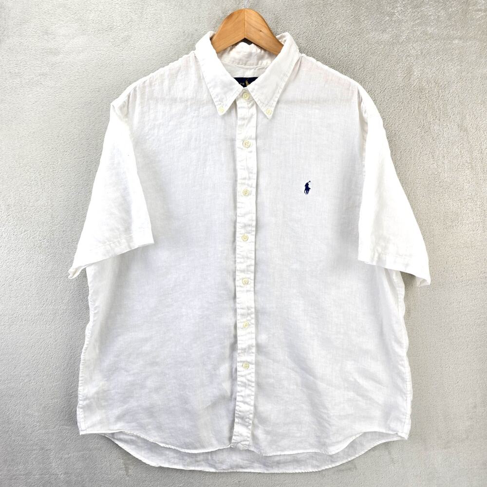 Ralph Lauren Linen Shirt Mens 2XL White Short Sleeve Button Down Blue Pony Logo
